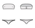 Set of lingerie - tube bra and tangas panties technical fashion illustration with strapless, hook-and-eye closure. Flat
