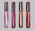 A set of lip gloss tube templates. Lip cream of various colors, a collection of cosmetics lipsticks, isolated on a white