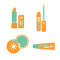 Set of lip treatment with sun protection. Sunscreen for lips. Balm, lipstick, shine, butterstick. Packaging, bottle, tube. Vector