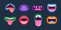 Lips of monsters, in different positions, terrible emotions, facial expressions.