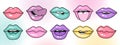 Set of lips in 90s pop art style. Vintage illustration of female mouths in different emotions for stickers, logos, prints. Royalty Free Stock Photo