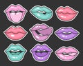 Set of lips in 90s pop art style. Vintage illustration of female mouths in different emotions for stickers, logos, prints. Royalty Free Stock Photo