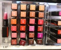 Set of lipstick, balsams and liquid lipstick for lips shiseido in perfume and cosmetics store on February 25, 2020 in Russia,