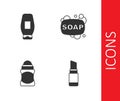 Set Lipstick, Bottle of shampoo, Deodorant roll and Bar soap icon. Vector