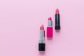 Set of lipstick isolated on pink background. Red, pink, wine, vinous.. Beauty cosmetic collection. Fashion trends in