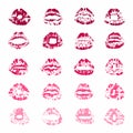 Set of Lipstick kiss prints. Pink vector lips set. Different shapes of female red lips