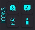 Set Lipstick, 8 March in speech bubble, Woman shoe and icon. Black square button. Vector Royalty Free Stock Photo