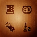 Set Lipstick, Sound mixer controller, Skateboard trick and 80s Retro on wooden background. Vector