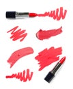 Set of lipstick tubes and swatches on white background Royalty Free Stock Photo