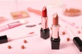 Set of lipsticks on the background of decorative cosmetics Royalty Free Stock Photo