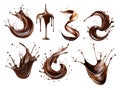 Set of liquid brown coffee or chocolate splashes and drops on white background vector Royalty Free Stock Photo