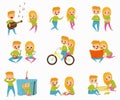 Flat vector set with little boy and girl in different actions. Riding bicycle, reading book, eating breakfast, playing Royalty Free Stock Photo