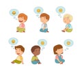Set of little boys and girls with emojis in speech bubbles over of their heads. Kids imagination cartoon vector Royalty Free Stock Photo