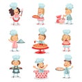 Set of little cook chief kids cartoon characters cooking food and baking detailed colorful Illustrations