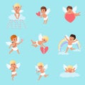 Set of little cupids in different actions. Cartoon boys characters with white wings. Mythical archers. Angels of love