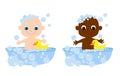 Set little cute baby bathes in a bathtub with soap bubbles and a yellow rubber duck. The child smiles happily. Royalty Free Stock Photo