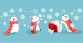 Set of little cute polar bears with red scarf and gift on blue bacjground with snowflake