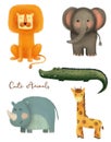 Set of little cute wild animals - elephant, lion, crocodile, giraffe, hippo. Royalty Free Stock Photo