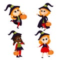 Set of little cute witches with red hair in a costume with a basket in their hands. Halloween illustration.