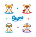 Set of little dogs, logos with text. Funny corgi cartoon characters, logotypes