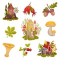 Set of little forest fairy houses. Vector illustration on a white background. Royalty Free Stock Photo