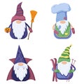 Set of a Little gnomes in a flat style, vampire, cook, halloween and skier character dwarfs isolated on a white