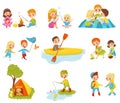 Flat vector set of little kids doing different activities. Fishing, cooking marshmallow on fire, picking flowers Royalty Free Stock Photo