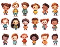 Set of little multiethnic kids isolated on white background. Children standing full height. Cartoon style illustration