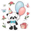 Set of little panda and flowers. Hand drawing. Royalty Free Stock Photo