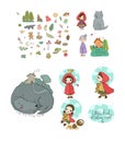 Set with Little Red Riding Hood fairy tale. Little cute cartoon girl and wolf. Hand drawing isolated objects on white