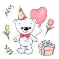 Set of little white teddy bear and flowers. Royalty Free Stock Photo