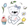 Set of little white teddy bear and flowers. Hand drawing. Vector illustration Royalty Free Stock Photo