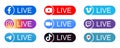 Set of Live Social Media Buttons for streaming, such as: Facebook, Youtube, Vimeo, Instagram, Zoom and others, on white