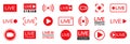 Set of live streaming icons. Set of video broadcasting and live streaming icon. Button, red symbols for TV, news, movies, shows