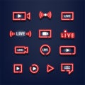 Set of live streaming red neon light. Neon sign. Music style. Royalty Free Stock Photo