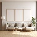 Set of 3 living room frame mockups, wooden frame mockup, interior design, 3D, Scandinavian style Royalty Free Stock Photo