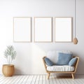 Set of 3 living room frame mockups, wooden frame mockup, interior design, 3D, Scandinavian style Royalty Free Stock Photo