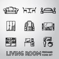 Set of Living Room freehand icons - sofa, dining