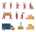 Set of loaders with cargo truck and boxes, flat vector illustration isolated.
