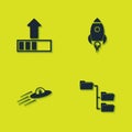 Set Loading, Folder tree, UFO flying spaceship and alien and Rocket with fire icon. Vector Royalty Free Stock Photo