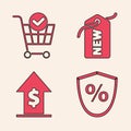 Set Loan percent, Shopping cart with check mark, Price tag with New and Financial growth and coin icon. Vector Royalty Free Stock Photo