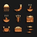 Set Lobster, Sushi, Fishes, Seafood store, Crab, Shark fin soup, Soup with octopus and Jellyfish icon. Vector