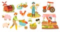 Set of local organic production icons. Farmers doing agricultural works