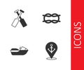 Set Location with anchor, Crossed oars paddles boat, Jet ski and Nautical rope knots icon. Vector Royalty Free Stock Photo