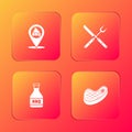 Set Location with barbecue, Crossed fork and knife, Ketchup bottle and Steak meat icon. Vector