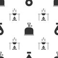 Set Location, Camping gas stove and Campfire and pot on seamless pattern. Vector