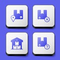 Set Location with cardboard box, Carton, Full warehouse and icon. White square button. Vector