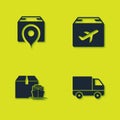 Set Location with cardboard box, Delivery cargo truck vehicle, Cargo ship boxes and Plane and icon. Vector Royalty Free Stock Photo