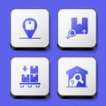 Set Location with cardboard box, Search package, Cardboard boxes pallet and Warehouse check icon. White square button Royalty Free Stock Photo