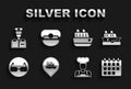 Set Location with cruise ship, Cruise, Calendar, Cook, Glasses, Captain of and hat icon. Vector